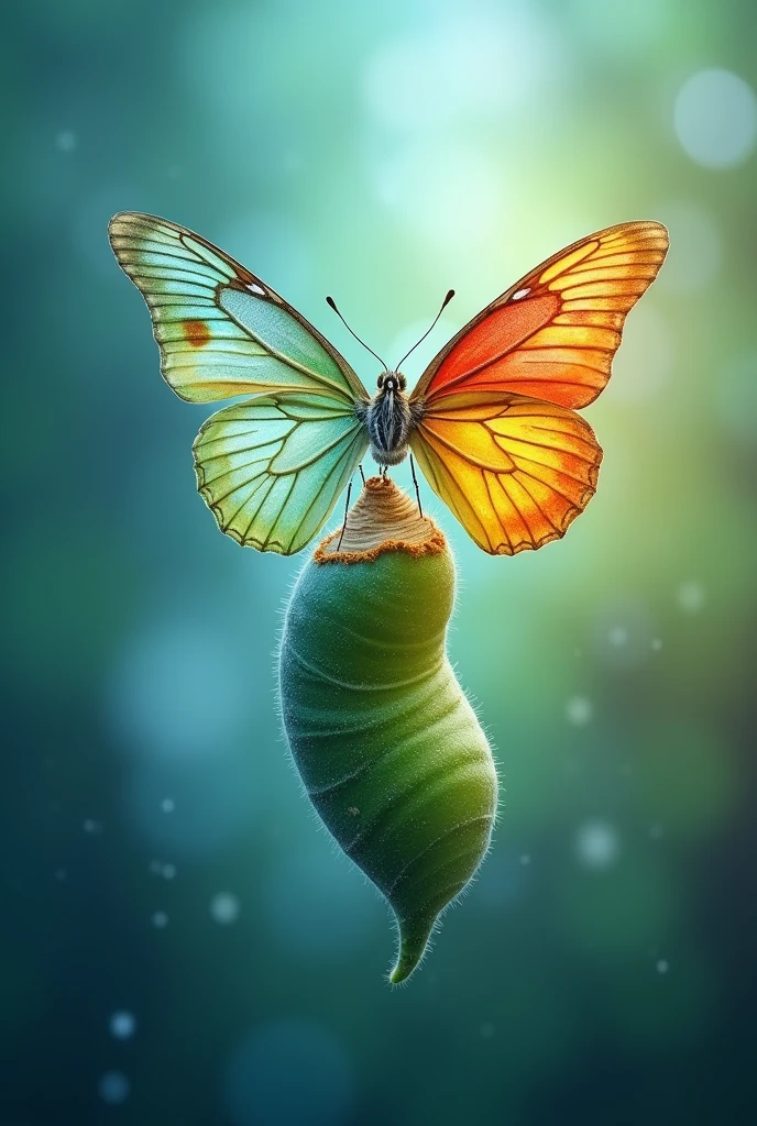 Create an inspiring eBook cover image featuring a vibrant butterfly emerging from a cocoon. The background should be smooth and ethereal, with shades of blue and green, symbolizing transformation and renewal. The butterfly must be detailed and colorful., representing metamorphosis and personal growth.