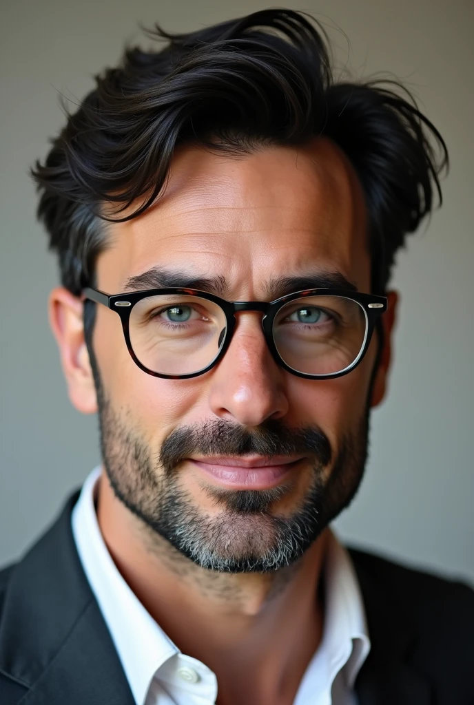 British. Handsome, husband and father. Full lips, straight nose, and a finely shaved beard and mustache. Light blue eyes and messy and middle lenght black hair.  Dimples and glasses. Thick eyebrows and smooth and white skin