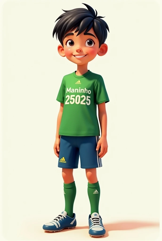 Create an image of a smiling thirteen year old with short black hair and small bangs. The is relatively high, in a standing pose, wearing a green shirt with the name MANINHO and the number 25025 below the name MANINHO, blue pants, long green knee-high socks and Adidas F50 football boots. 