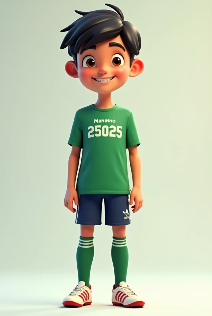 Create an image of a smiling thirteen year old with short black hair and small bangs. The is relatively high, in a standing pose, wearing a green shirt with the name MANINHO and the number 25025 below the name MANINHO, blue pants, long green knee-high socks and Adidas F50 football boots. 
