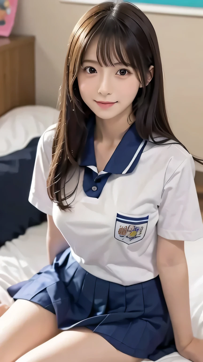 (masterpiece:1.2), Japanese, (), (a girl), room, (school uniform), thighs, on a bed, (tits), short sleeves,