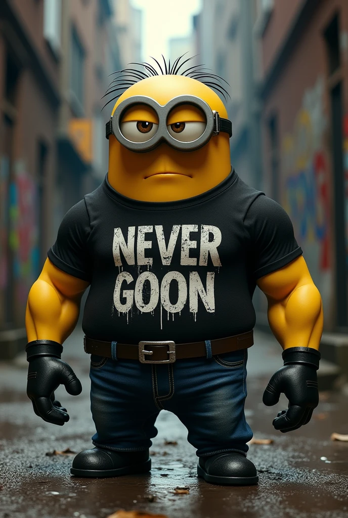 A strong minion with a black shirt that says never goon