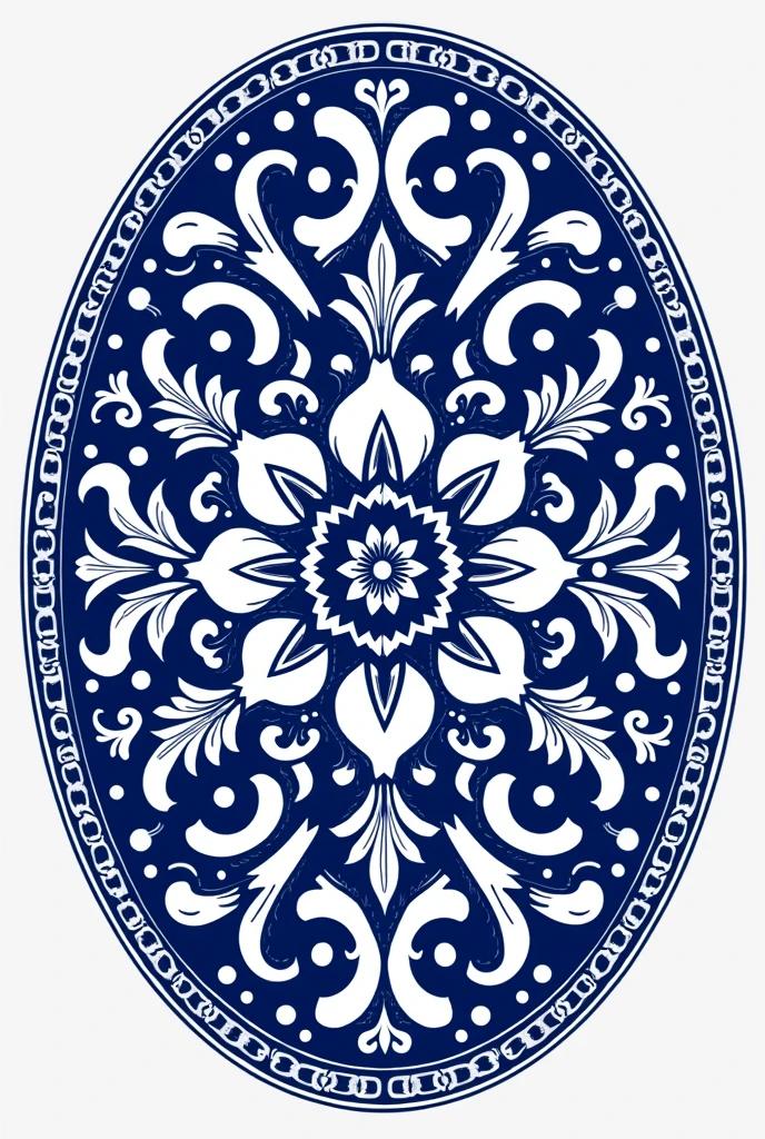 Hello, could you create an oval Talavera-style poster illustrated only with white and royal blue?