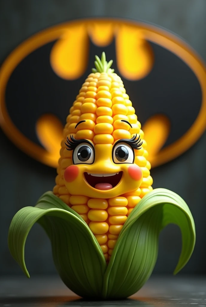 A corn with eyelashes and smiling with the batman logo in the background