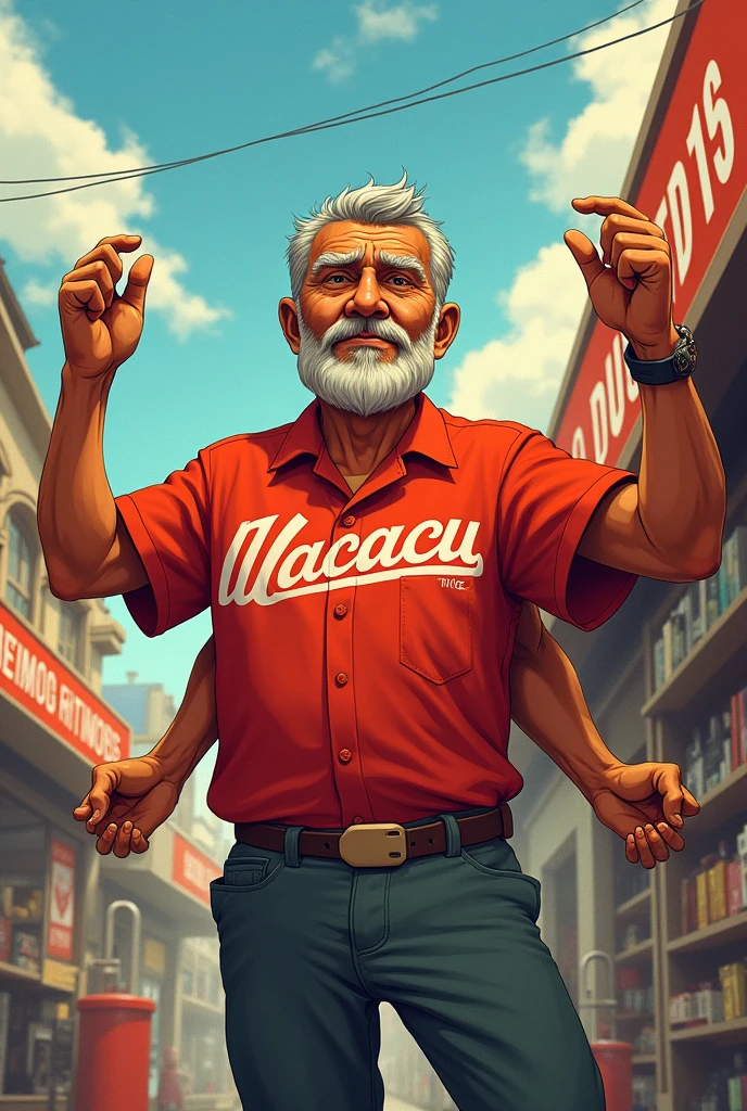 man worker, Baba , husband with many arms to solve problems with red macacu drugstore shirt