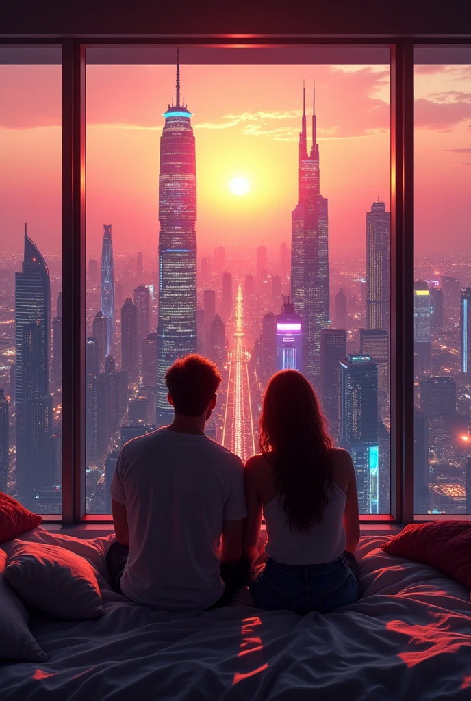 Una foto super realist de una ciudad futurista con edificios altos de neon, I am with my wife in my apartment on the 15th floor, watching the big city, 8k, UHD, realist, sunset background, golden hour, beautiful view, 