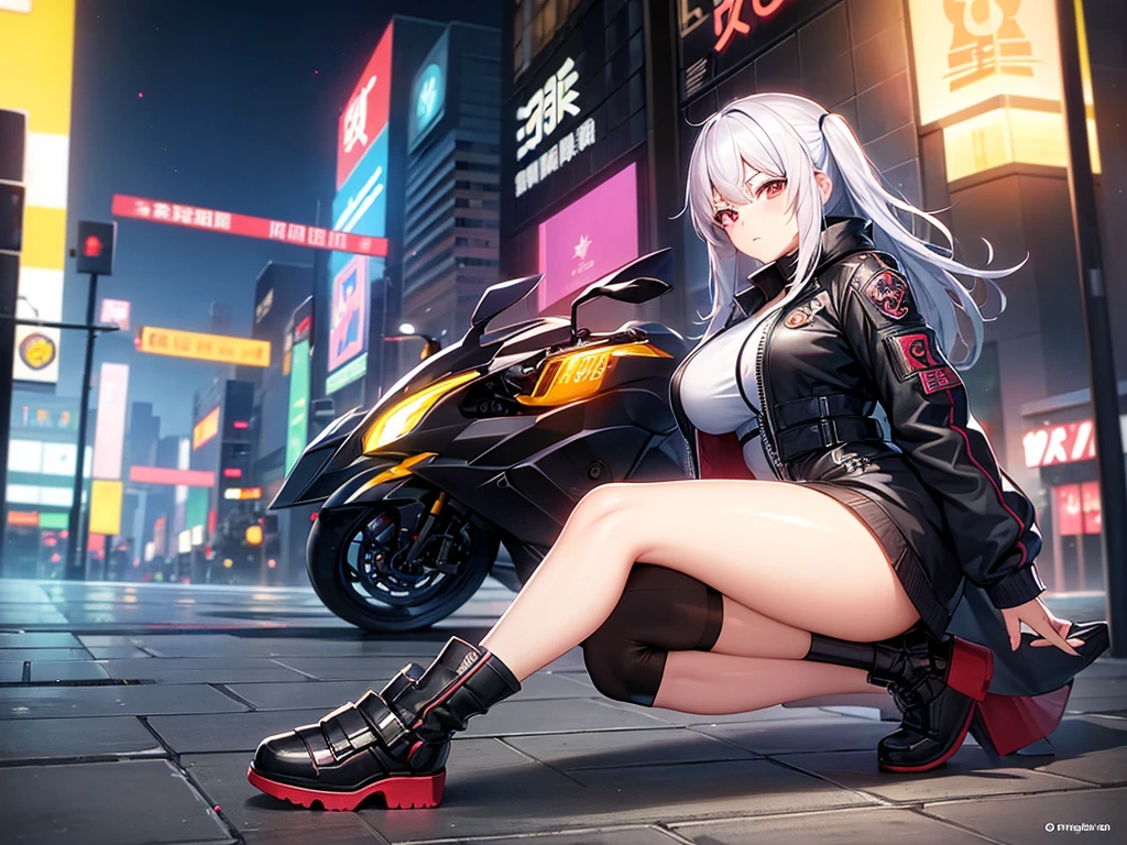high quality、cyberpunk、girl with２one person、mechanical、funny、anime style、white hair、motorcycle、leather jacket、Punk coloring、City、Night City、street、doodle、Parka、Mature、tall woman、army、Boots、missile、night、Team of two、teammate、photo、from Ark Night, Badass Anime 8K, best anime 4k konachan wallpapers, zero art, author：Yang Jie, guweiz on pixiv artstation, guweiz on artstation pixiv, Ark Night, by Shitao, Popular topics on artstation pixiv