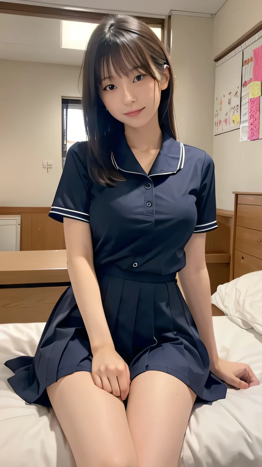 (masterpiece:1.2), Japanese, (), (a girl),  room, (school uniform), thighs, on a bed, (tits), short sleeves, 