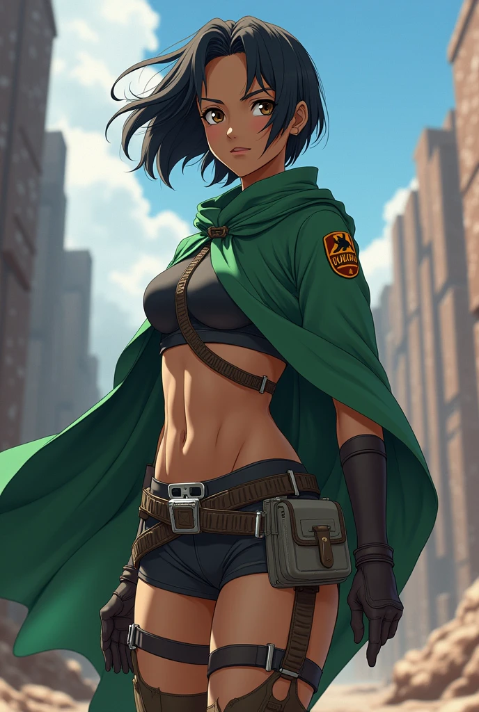 Create an image of an ideal woman for Levi Ackerman from 'Shingeki no Kyojin', taking into account their physical characteristics and personality. Women should be athletic, active and independent, like Levi. Your height should be approximately 1,60 m, with dark skin and short or shoulder-length hair, Wavy. Your face should be delicate, with hazel eyes.
For the outfit, uses the uniform design of the Shingeki no Kyojin Scout Legion, like Levi. Create a detailed and anime-like image, in the style of MAPPA in the anime 'Shingeki no Kyojin'.