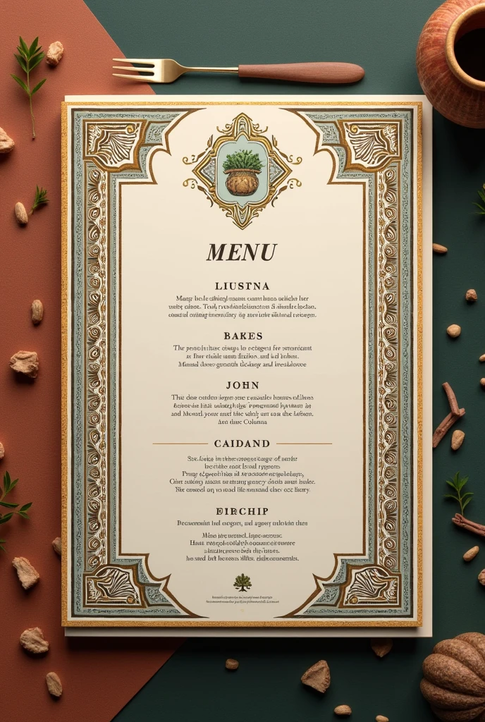 Elegant menu design for a gourmet restaurant with indigenous pre-Hispanic aesthetics in Colombia