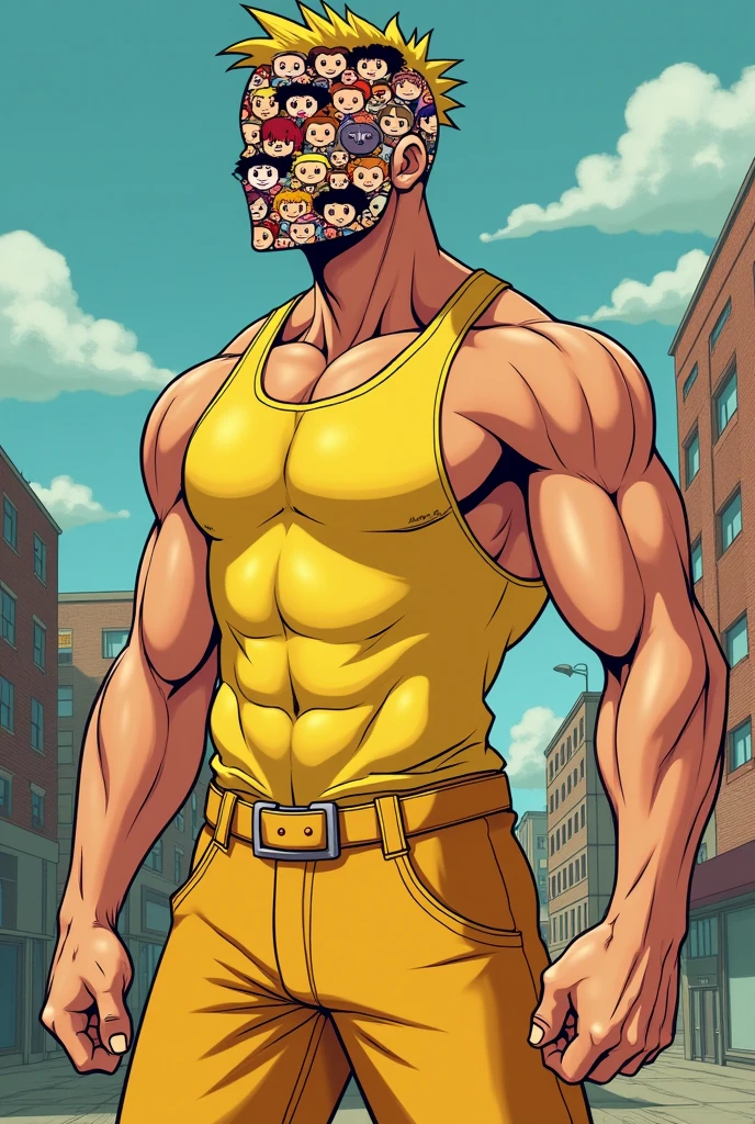 Make an original character from the Scott Pilgrim comic series with the heads of Reddit&#39;s avatars.Make him look muscular with a yellow tank top and shorts.Also do it with the haircut "curtain haircut" is outfit and style "soft boy".(REDIT AVATARS MISSING HEADS,THE HAIRCUT WAS ALSO MISSING:"CURTAIN HAIRCUT").