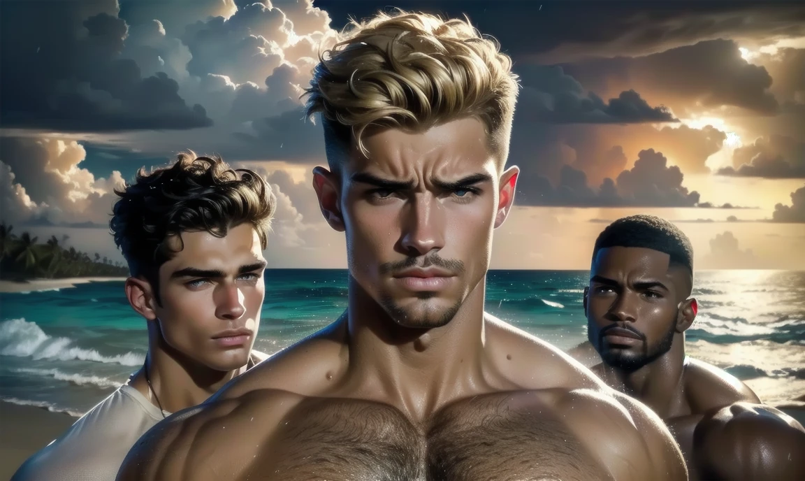 [((highly detailed, detailed eyes, detailed face, clear and realistic facial features, photorealistic, realistic light, cinematic)), ((((group of 3 men, each man looks unique, each man has a different natural hair color)))), (((group of sexy male college-age jocks standing on the beach and looking angry or frustrated))), ((wearing weathered casual clothes)), ((wet)), ((beautiful deserted tropical island with a storm in background))]