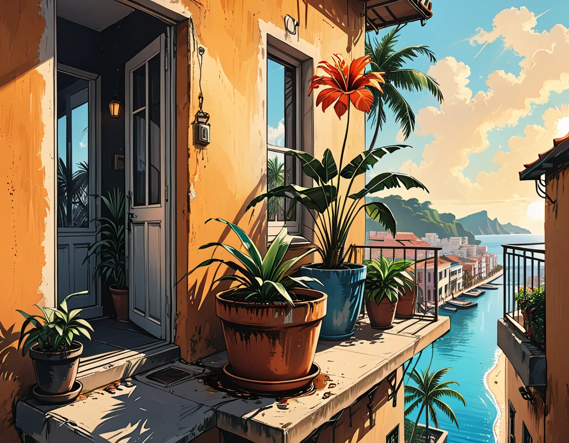 a flower in a pot livitates in the air near the balcony of a building in the tropics, a palm tree, a pot with a flower, a falling pot from the balcony,   graphic style of novel comics, perfect hands, 2d, 8k, hyperrealism, masterpiece, high resolution, best quality, ultra-detailed, super realistic, Hyperrealistic art, high-quality, ultra high res, highest detailed, lot of details, Extremely high-resolution details, incredibly lifelike, colourful, soft cinematic light,