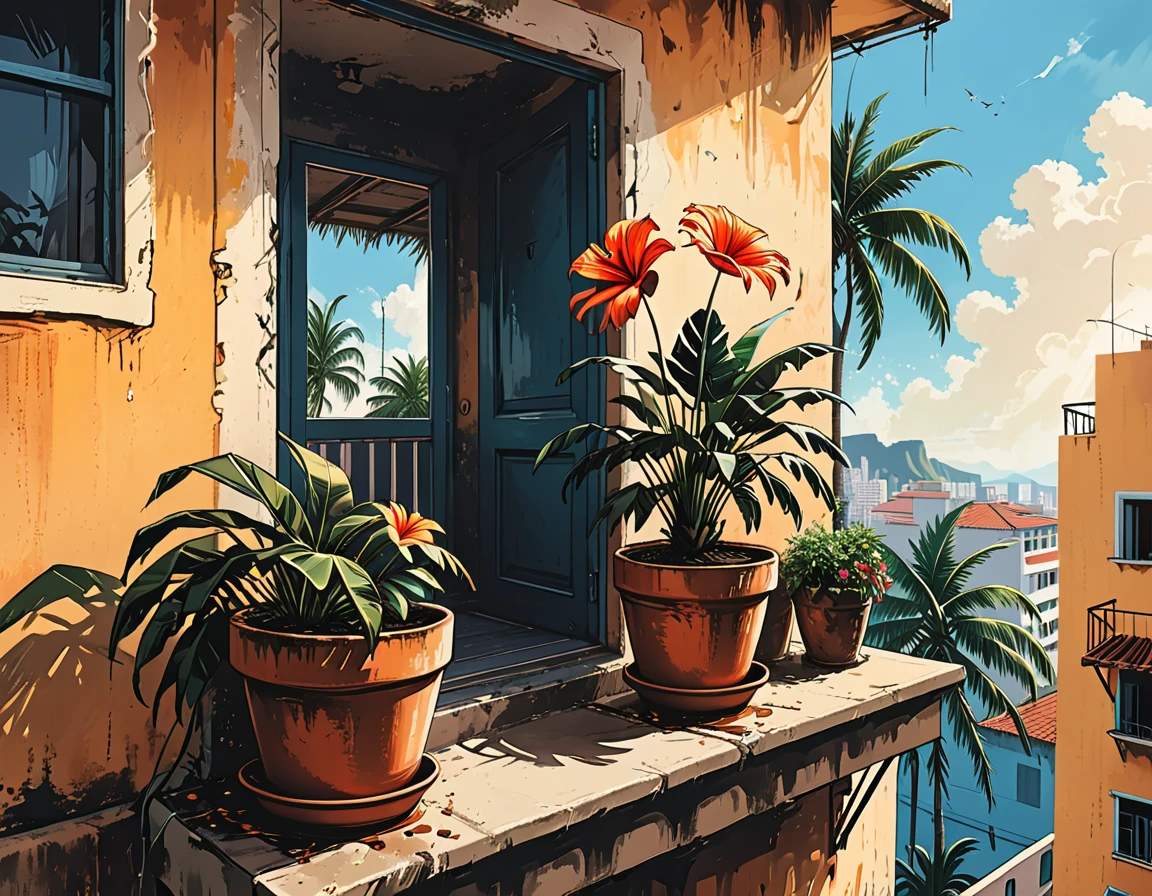 a flower in a pot livitates in the air near the balcony of a building in the tropics, a palm tree, a pot with a flower, a falling pot from the balcony,   graphic style of novel comics, perfect hands, 2d, 8k, hyperrealism, masterpiece, high resolution, best quality, ultra-detailed, super realistic, Hyperrealistic art, high-quality, ultra high res, highest detailed, lot of details, Extremely high-resolution details, incredibly lifelike, colourful, soft cinematic light,