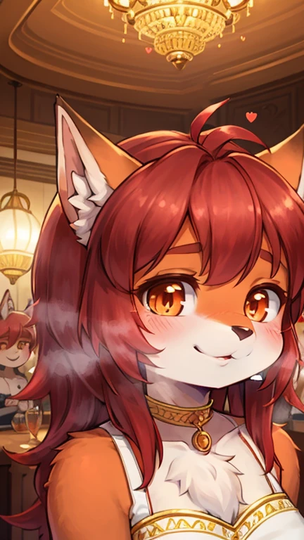 Best Quality,better resolution,(fluffy hairy antrum :1.6),(young :1.8),fox girl,flat chest,(Red hair :1.6),by the wide,wavy fur,orange eyes,bright Eyes,bright Eyes,Ultra detailed eyes,(orange fur),(white dress with gold embroidery),heart choker,floral hair ornaments,Gold bracelets,magnificent restaurant,chandelier,bright stars surrounded,romantic light,full face blush,looking at the viewer,heart expression eyes,heart eyes,heavy breath,horny face,smile,very close eyes,Session,hands on the face,smile,forward lean, naked.