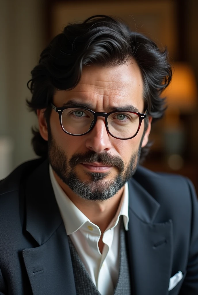 British. Handsome, husband and father. Full lips, straight nose, and a finely shaved beard and mustache. Light blue eyes and messy and long black hair.  Dimples and glasses. Thick eyebrows and smooth and white skin