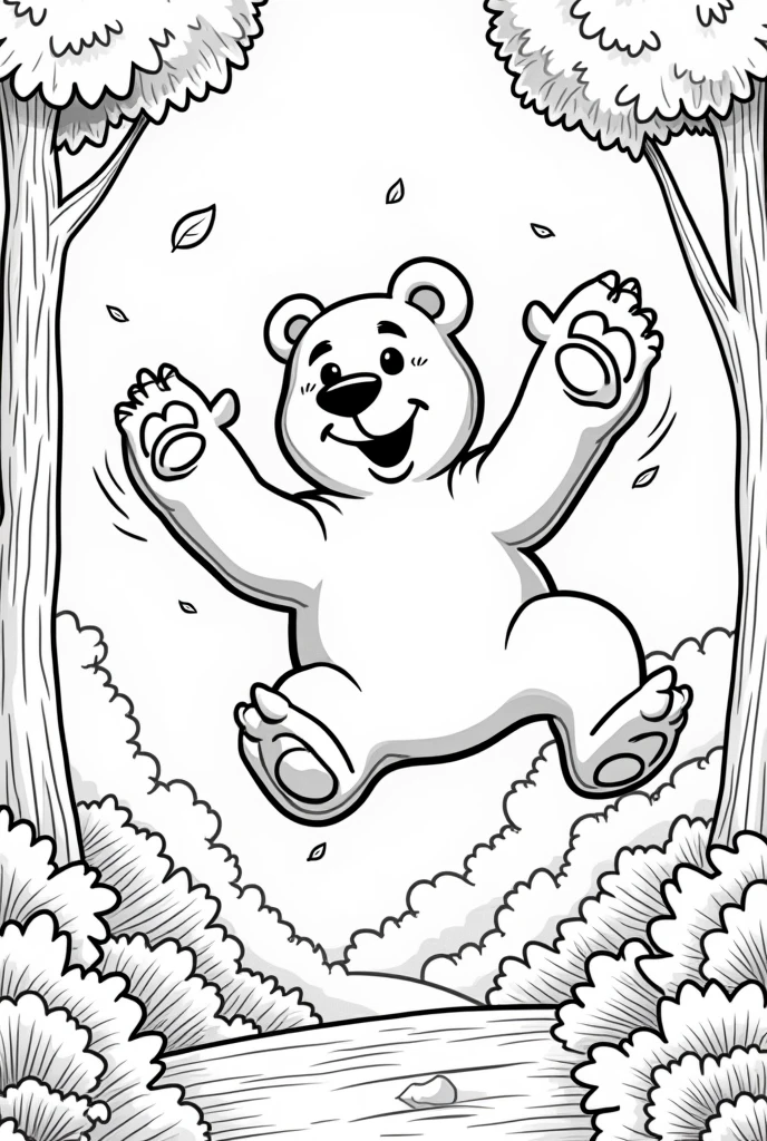 coloring book of a single bear trying to fly using his big hands in the huge forest, no color, cartoon style, thick lines, strokes only, white background