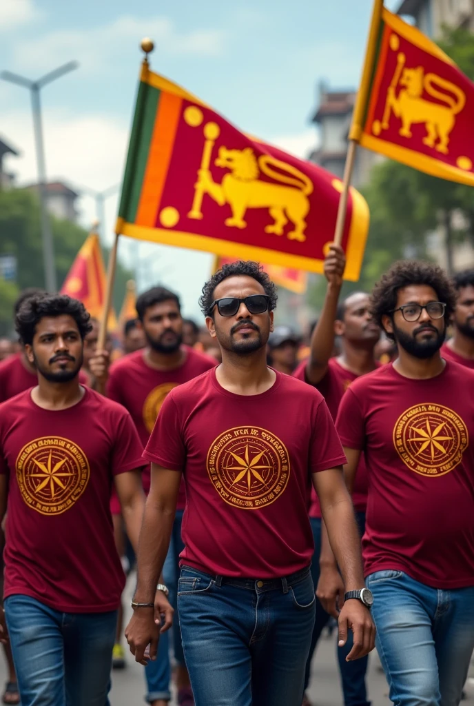 Sri lankan election.peoples walking with National flag. Compass logo on t-shirts of peopel..theam colour is marron.