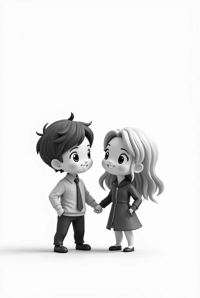 Dessin noir et blanc chibi 2d couple homme cheveu chatain et femme blond foncé