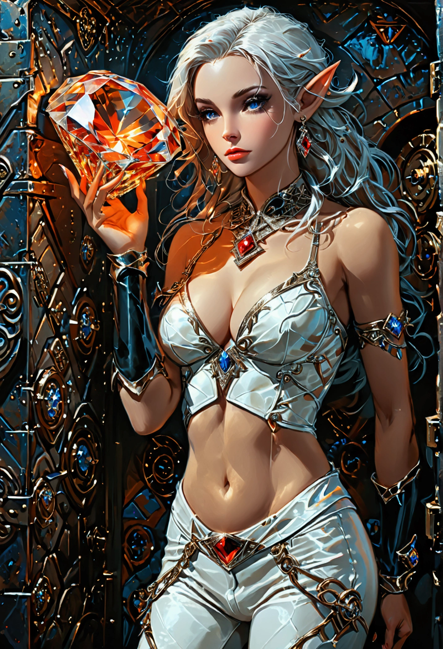a fantasy epic illustration (Julie Bell Elmore style: 1.5)) of a drow elf thief holding a large diamond in a vault, a female drow  elf thief, full body, (small pointy ears), dynamic hair color, dynamic hair style,  ultra detailed face, wearing white leather leotard, white leather pants, busty, small cleavage, high heel boots, she is happy for reaching her goal, success, holding a large sized (red diamond: 1.3), brilliant diamond, many facets, many colors diamond, fantasy safe vault background, torchlight, vibrant, Ultra-high resolution, High Contrast, (masterpiece:1.5), highest quality, Best aesthetics), best details, best quality, highres, 16k, [ultra detailed], masterpiece, best quality, (extremely detailed) RAW, (ultra details, Masterpiece, best quality), diamondWM, Cinematic Shot