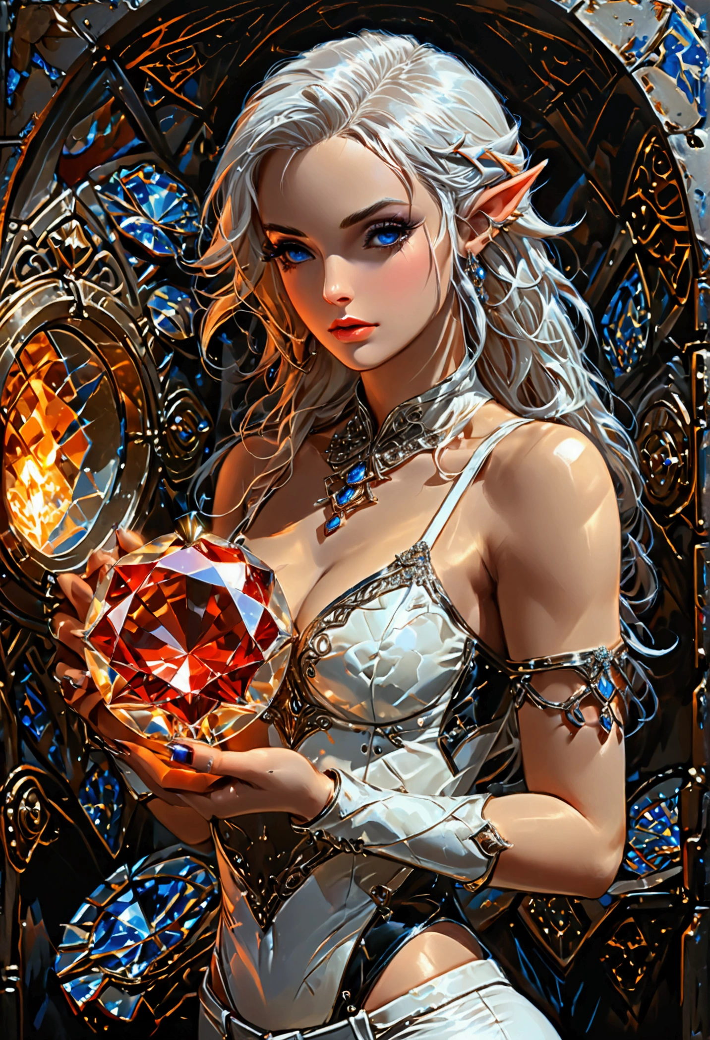 a fantasy epic illustration (Julie Bell Elmore style: 1.5)) of a drow elf thief holding a large diamond in a vault, a female drow  elf thief, full body, (small pointy ears), dynamic hair color, dynamic hair style,  ultra detailed face, wearing white leather leotard, white leather pants, busty, small cleavage, high heel boots, she is happy for reaching her goal, success, holding a large sized (red diamond: 1.3), brilliant diamond, many facets, many colors diamond, fantasy safe vault background, torchlight, vibrant, Ultra-high resolution, High Contrast, (masterpiece:1.5), highest quality, Best aesthetics), best details, best quality, highres, 16k, [ultra detailed], masterpiece, best quality, (extremely detailed) RAW, (ultra details, Masterpiece, best quality), diamondWM, Cinematic Shot