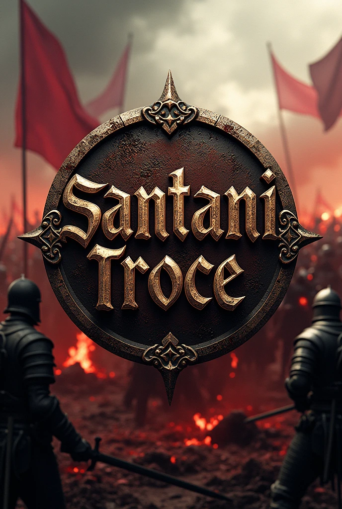 A logo that says Santani Troce, with a background of bloody medieval battles