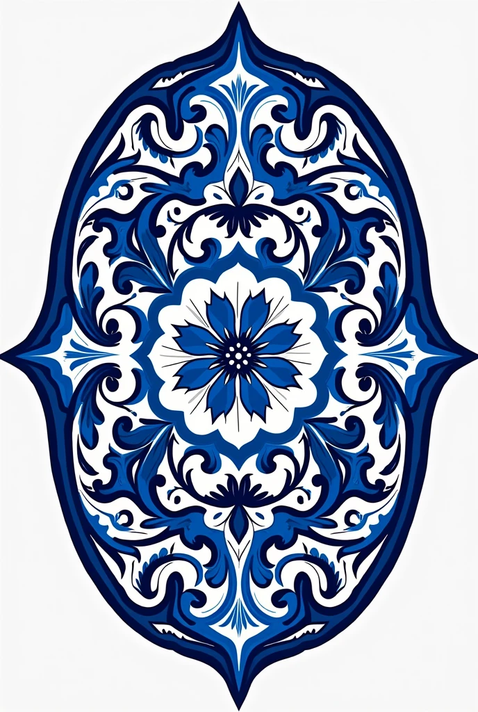 Hello, could you create an oval Talavera-style poster illustrated only with white and royal blue?