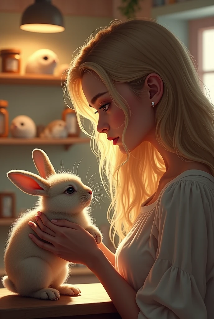 A realistic image of an 18-year-old beautiful young woman with blonde hair, visiting a pet shop. She is standing in front of a display with various animals, but her attention is focused on a small, fluffy rabbit with large, expressive eyes. The rabbit is in a cage, looking up at her with a curious and slightly sad expression. The pet shop is warm and inviting, with the connection between the woman and the rabbit being the focal point of the scene.