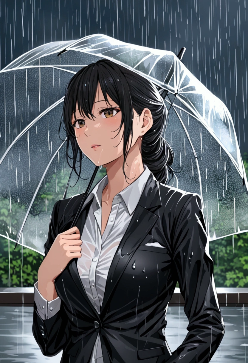 Heavy rain from a typhoon,Office Lady in a Suit,beautiful girl,Soaking wet,Nice body,The rain makes my blouse transparent