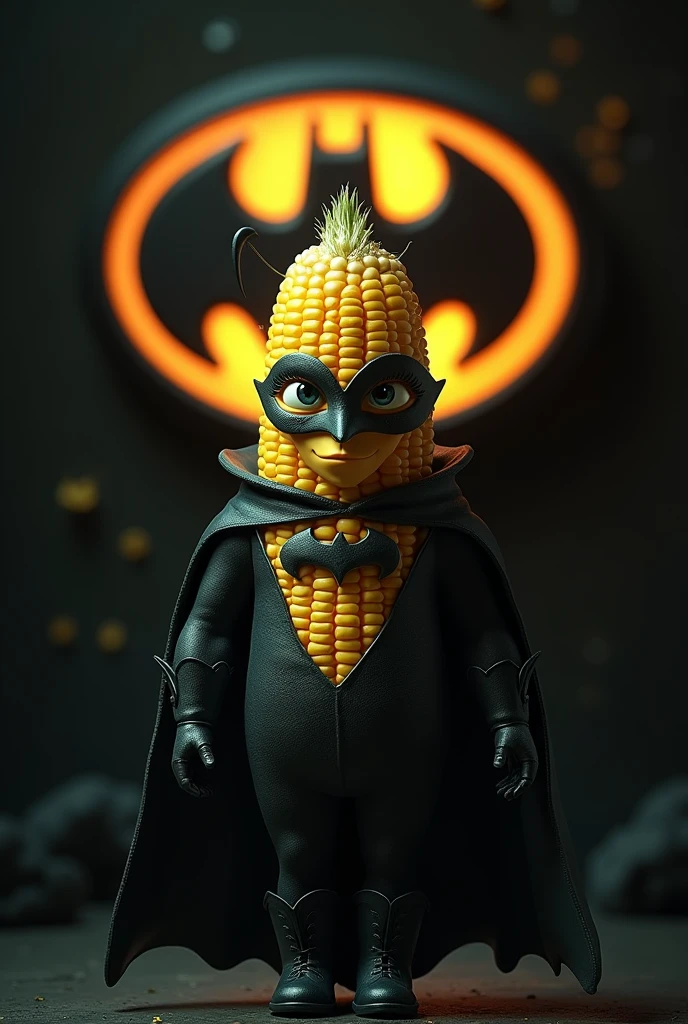 A corn with eyelashes and a Catwoman costume with the Batman logo in the background