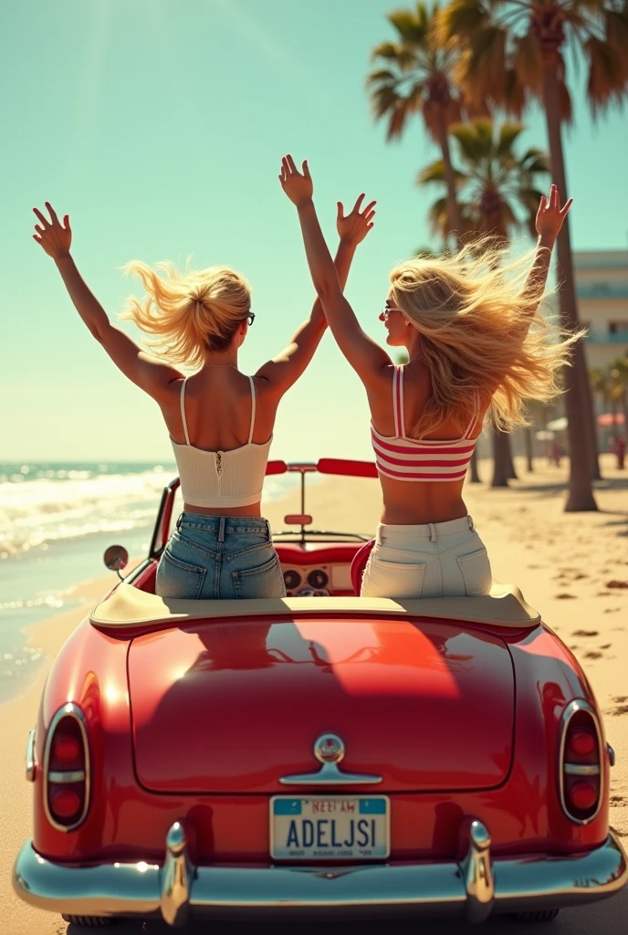 Two blonde girls on a red convertible car, giving their backs and dancing and waving hands in a Los Angeles beach with palm trees and a retro style 