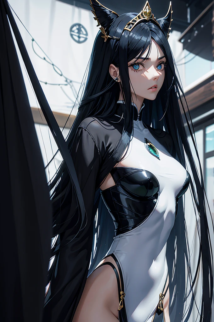 cos: Tall and slender, with an imposing presence. The body is well defined, but not overly muscular.skin black .eyeballs: eyeballs de cor vibrante e não convencional, like ruby red or a gradient of gold and green, with vertical or oddly shaped pupils, like a spiral.hairs: hairs com uma cor não natural, like silver white or black with blue threads