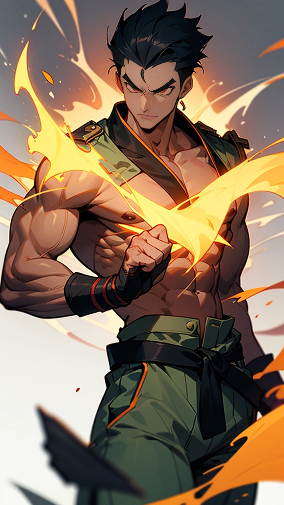 Here is a detailed description of the character's appearance, focusing solely on the character without any background context:
- **Head:**
- Strong, defined jawline with a serious expression.
- Short black hair, slicked back, emphasizing a stern and focused demeanor.
- Sharp, intense eyebrows that add to the character's fierce look.
- Red, glowing eyes that give an intimidating and powerful aura.
- Ears slightly pointed, contributing to the character's aggressive appearance.
- **Upper Body:**
- Extremely muscular and well-defined torso, showcasing physical strength.
- Bare chest with visible veins and muscles, exuding power.
- Wearing red, fingerless gloves with metal studs on the knuckles, indicating combat readiness.
- Arms are crossed in front of the chest, displaying confidence and dominance.
- The skin tone is light, highlighting the muscular definition.
- **Lower Body:**
- Wearing loose, light gray pants with intricate flame patterns on the sides, adding a dynamic visual element.
- A black belt with purple stripes tied around the waist, suggesting a martial arts background.
- The pants are slightly baggy but fitted around the waist, emphasizing the character's strong legs.
- **Feet:**
- Barefoot with visible veins and strong, defined muscles in the feet, indicating a readiness for combat.
- Toes slightly curled, contributing to the character's tense and prepared stance.
- **Overall Appearance:**
- The character exudes a sense of raw power, discipline, and readiness for battle.
- The combination of the muscular build, fierce expression, and martial arts attire suggests a warrior or fighter with a formidable presence.
solo, Simple Background,