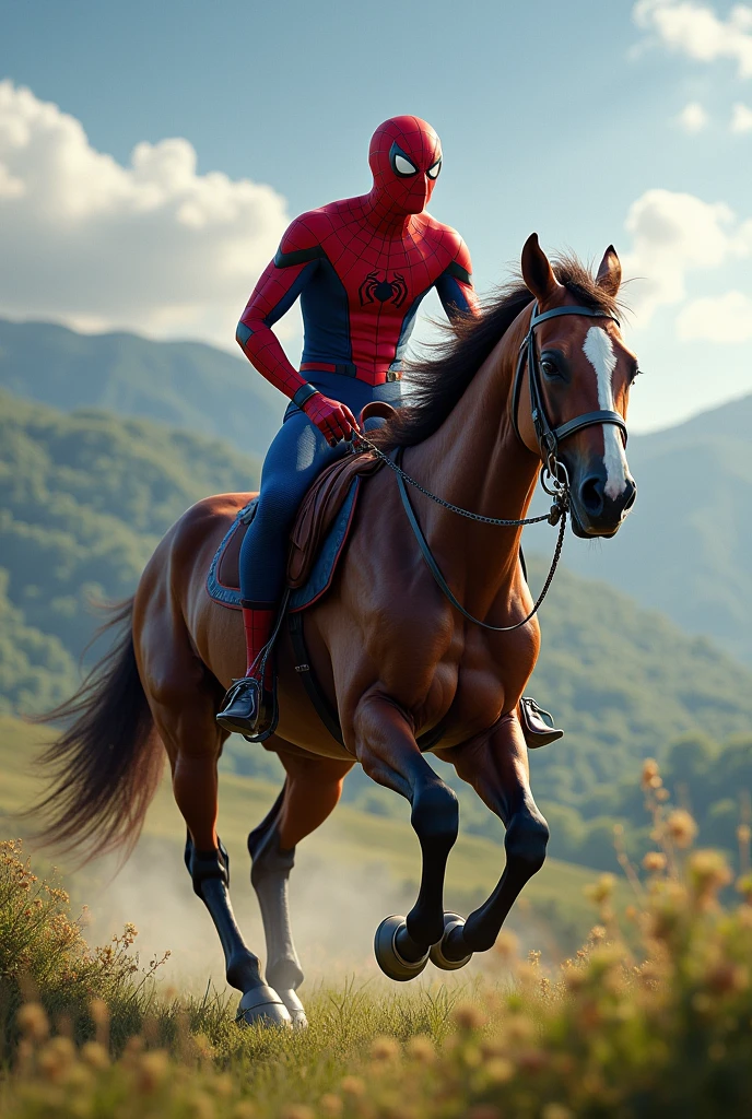 Spider-Man riding on a large and beautiful horse, full body