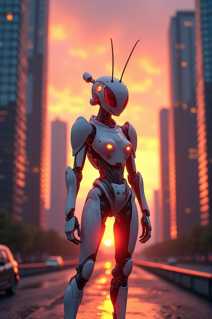 Fire ant in white cyborg costume Standing between sky scrapers at sunset 