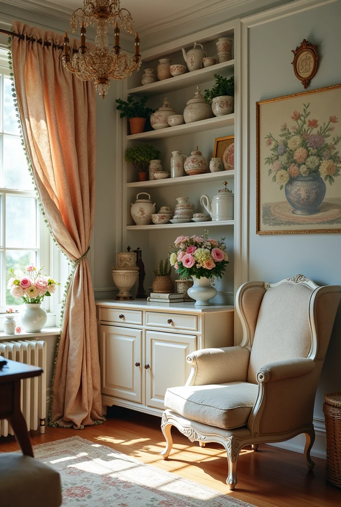 picture of bone china hobby room perspective, with some rest area contain lounge chair and place we can do the hobby but with antique room style