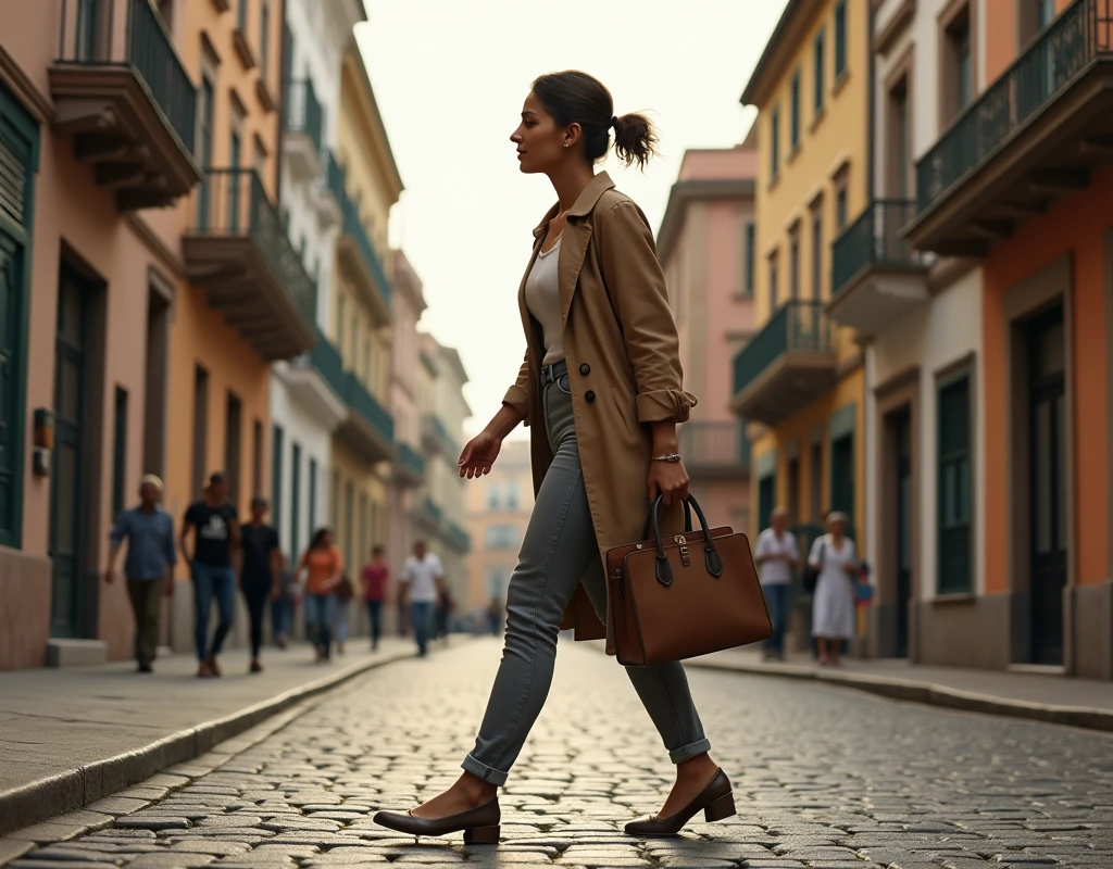 A left side profile view of a full body woman, walking down a street, carrying a bag in left hand, photorealistic, masterpiece, 8k, ultra-detailed, realistic lighting, vibrant colors, urban environment, detailed architecture, cobblestone street, overcast sky, warm lighting