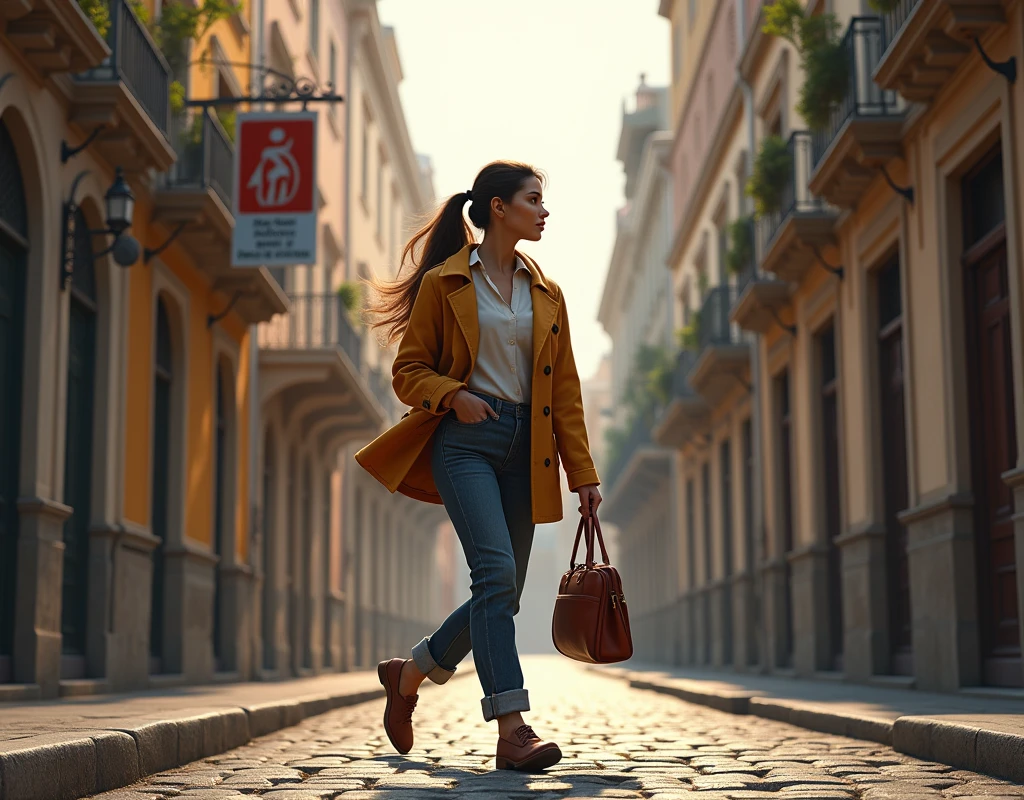 A left side profile view of a full body woman, walking down a street, carrying a bag in left hand, photorealistic, masterpiece, 8k, ultra-detailed, realistic lighting, vibrant colors, urban environment, detailed architecture, cobblestone street, overcast sky, warm lighting