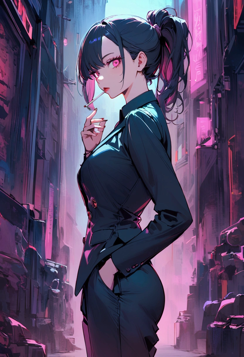 a woman in a suit, looking down at viewer with sharp eyes, she is smoking a cigarette, hands are in the trouser pocket, beautiful, pink eyes, white long ponytail hair, side view