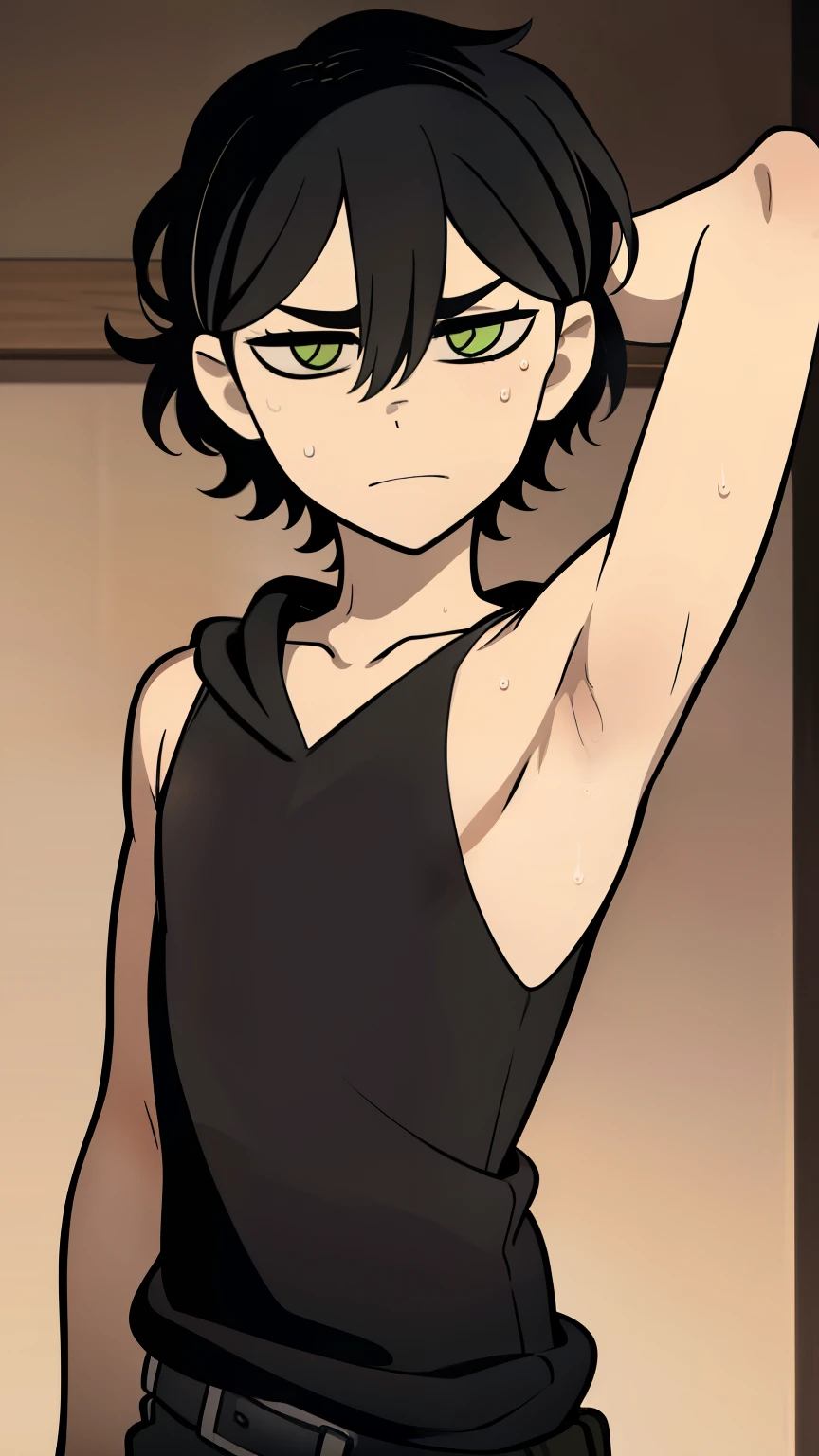 Highres, Masterpiece, Best quality at best,Best Quality,hight quality, hight detailed, Anime style, 1boy, Shota, young boy, Solo person, Young andy graves, hair between eyes, closed mouth,black hair, green eyes, Slim body, messy hair, bright pupils, look at viewer,Sleeveless hoodie, Bare shoulder, belt, Flat chest, upper body, simple beckground, (Showing armpit:1.3), (very young boy), (very small and short body), simple beckground, hansome boy, Uhd, bokeh, sweat