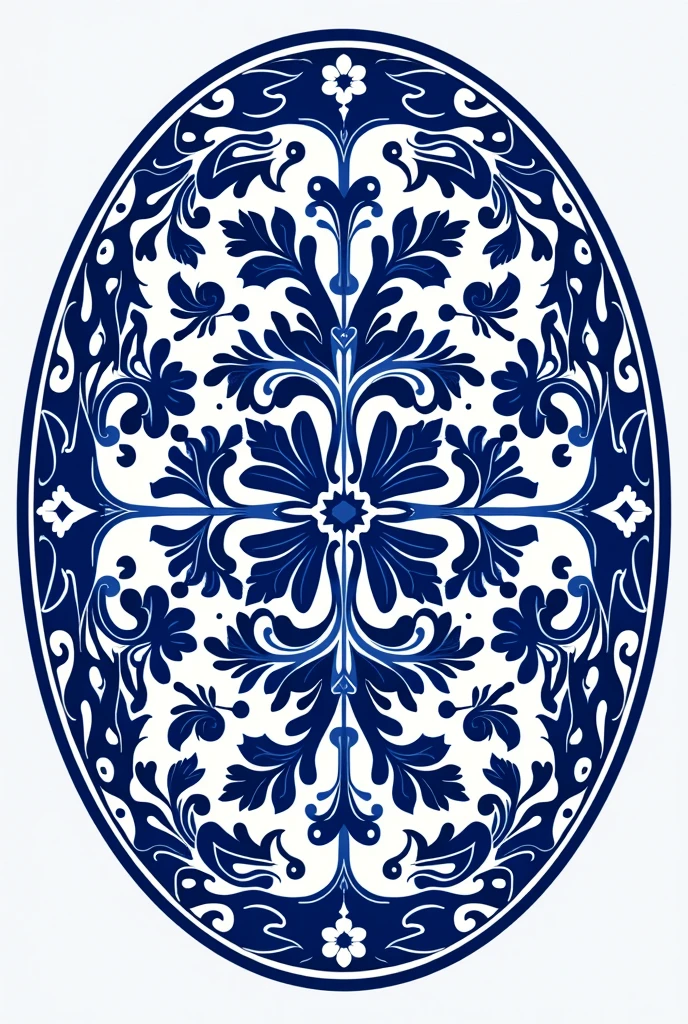 Hello, could you create an oval Talavera-style poster illustrated only with white and royal blue?