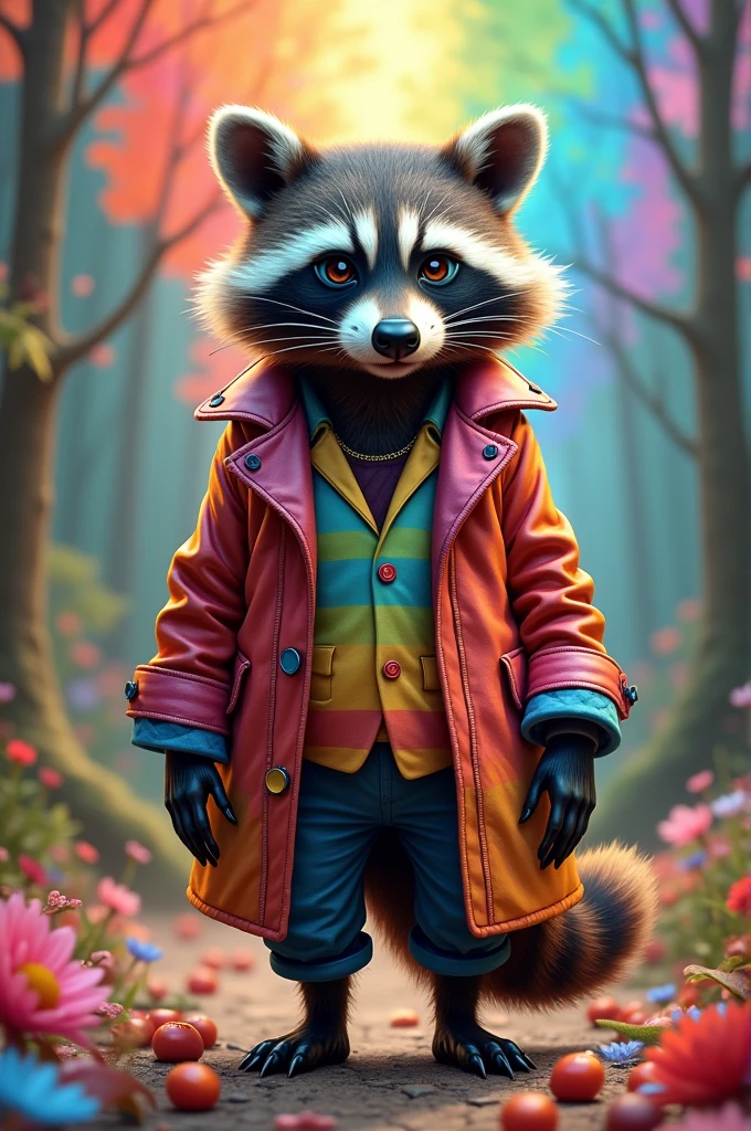 a wallpaper of a stylish raccoon standing, who is wearing colorful and unique things with rainbows, he will be in a beautiful and bright place like Alice in Wonderland