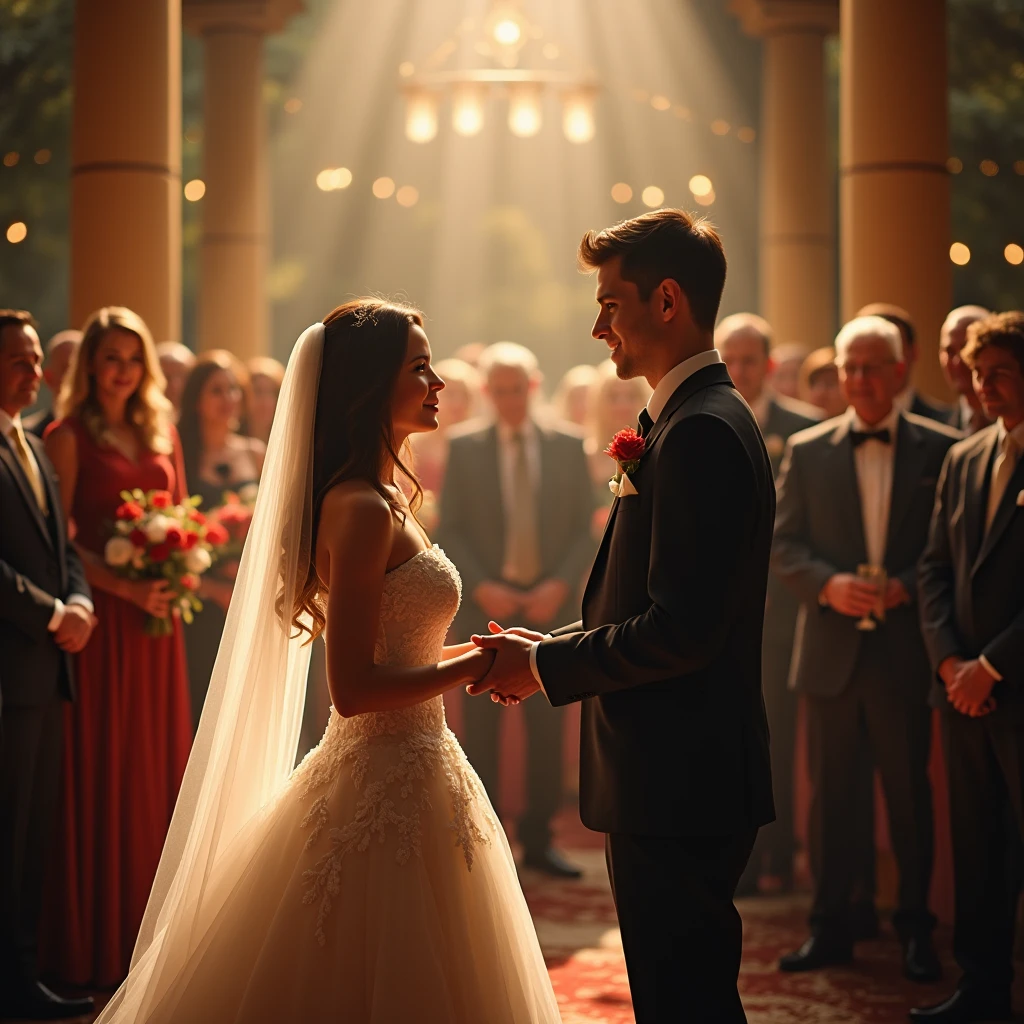 (Scene of Happiness), At the wedding venue, the groom and bride exchanged vows happily, and the voices of blessings from family and friends echoed one after another. Using mid shot photography to capture the joy and emotions of this important moment in life. Beautiful cinematic lighting, surreal, color graded, dynamic movement, captivating chiaroscuro, (special effects:0.1), full body, award-winning, cinematic still, emotional, vignette, dynamic, vivid, (masterpiece, best quality, photorealistic, Professional, perfect composition, very aesthetic, absurdres, ultra-detailed, intricate details:1.3)