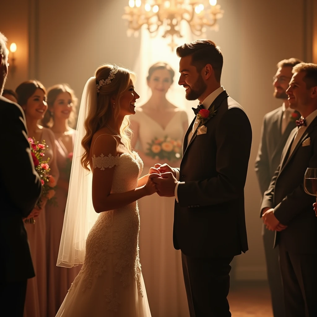 (Scene of Happiness), At the wedding venue, the groom and bride exchanged vows happily, and the voices of blessings from family and friends echoed one after another. Using mid shot photography to capture the joy and emotions of this important moment in life. Beautiful cinematic lighting, surreal, color graded, dynamic movement, captivating chiaroscuro, (special effects:0.1), full body, award-winning, cinematic still, emotional, vignette, dynamic, vivid, (masterpiece, best quality, photorealistic, Professional, perfect composition, very aesthetic, absurdres, ultra-detailed, intricate details:1.3)