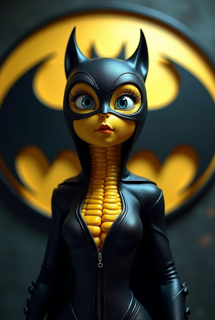 A corn with eyelashes and a Catwoman costume with the Batman logo in the background