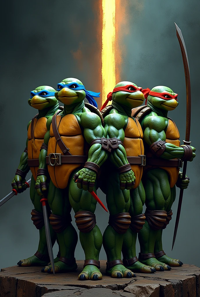 Photos of the four ninja turtles separated by a line