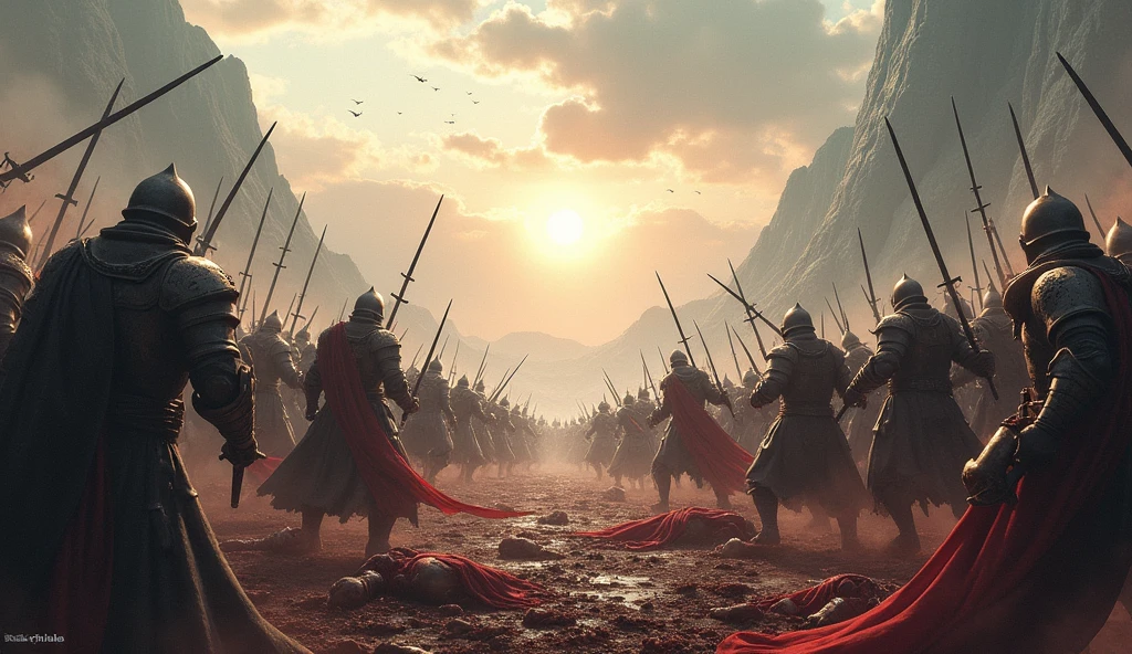Between the towering mountains and high plateaus on the lands filled with blood and heads on the ground in an arena of fierce battles, the two armies clash with all their might and swords cut off necks. The sun beats down on them with heat, one army wears white clothes and the other wears black clothes and the fierce war is a very realistic high-quality picture