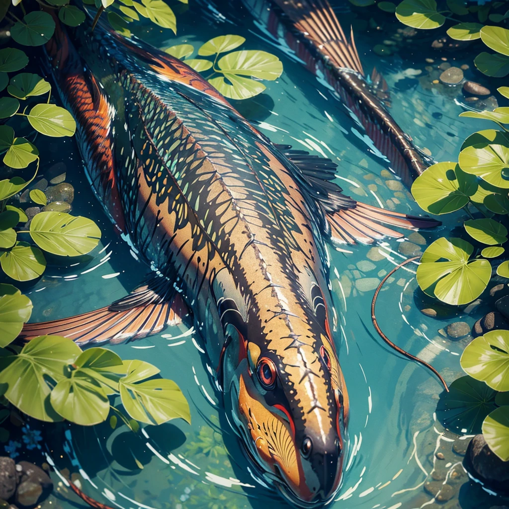 a powerful samura extremely detailed feathers, swimming in a pond, photorealistic, 4k, high quality, hyperrealistic, intricate details, vibrant colors, natural lighting, realistic water reflections, dramatic shadows, depth of field, beautiful landscape background