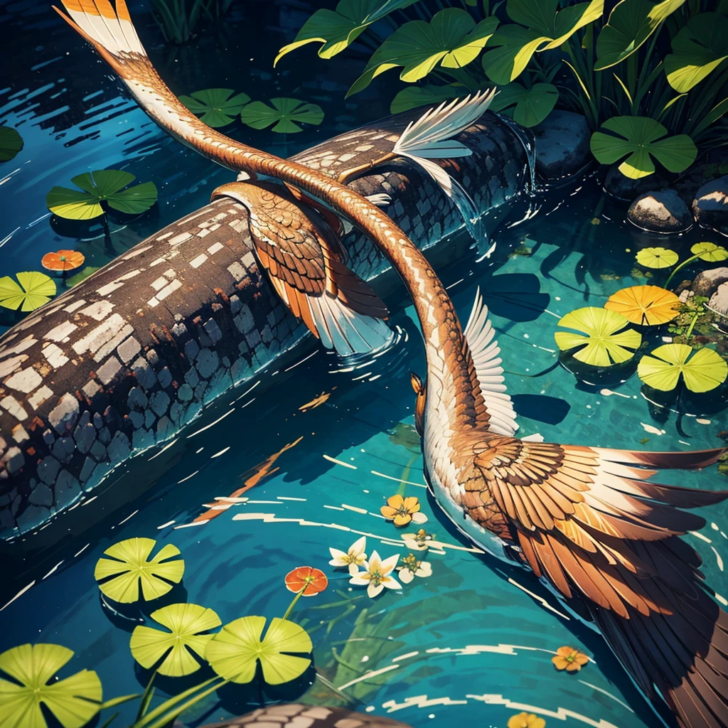 a powerful samura extremely detailed feathers, swimming in a pond, photorealistic, 4k, high quality, hyperrealistic, intricate details, vibrant colors, natural lighting, realistic water reflections, dramatic shadows, depth of field, beautiful landscape background