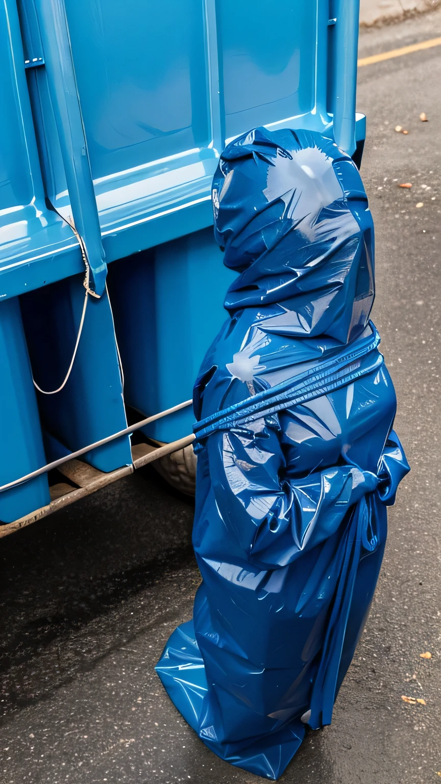a faceless female figure completely wrapped up from head to toe in blue plastic garbage bags is tightly tied up with rope wrapped around her like a helpless living mummy, she is completely covered with plastic, she is squeezed inside a carboard box, forced against her will, bright day, extremely photorealistic photo, highly detailed photo, portrait